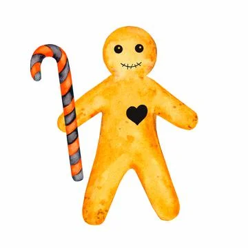 Gingerbread man with a sugar cane. Sweets for Halloween. Stock Illustration