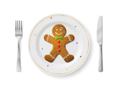 Gingerbread man is on white plate with fork and knife, top view Stock Illustration