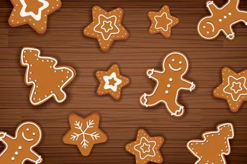 Gingerbread man on wooden table background. Merry christmas holiday card with Stock Illustration
