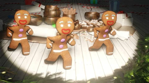 Gingerbread men dancing in the middle of a festive Christmas table. The concept Vídeos de archivo 120079220