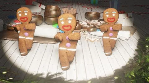 Gingerbread men dancing in the middle of a festive Christmas table. The concept Stock Illustration