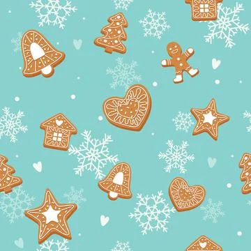 Gingerbread pattern, christmas backgroung with cute gingerbread cookies. Vector Illustrazione stock