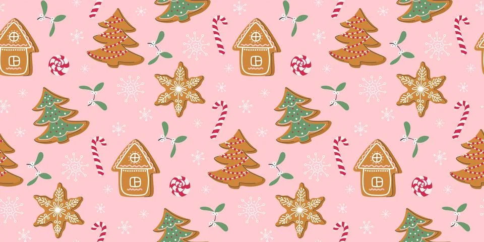 Gingerbread pattern. Festive background with traditional Christmas cookies Stock Illustration