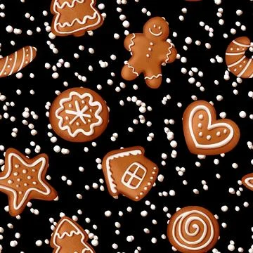 Gingerbread seamless pattern. Festive background with cookies. Stock Illustration