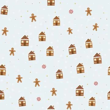 Gingerbread seamless pattern with gingerbread men, candy houses and peppermint Stock Illustration