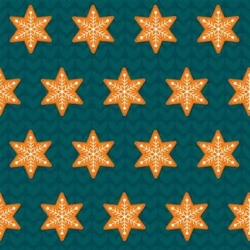 Gingerbread seamless pattern on turquoise knitting background. Festive cook.. Stock Illustration