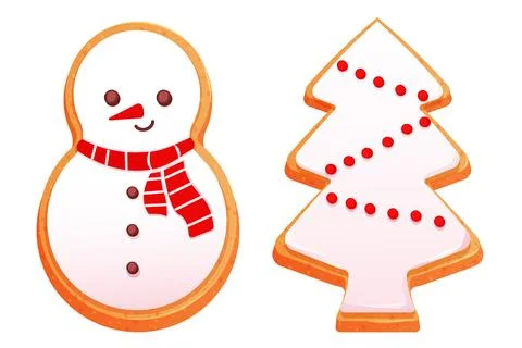 Gingerbread set cute snowman and christmas tree with icing decoration, seasonal Illustration
