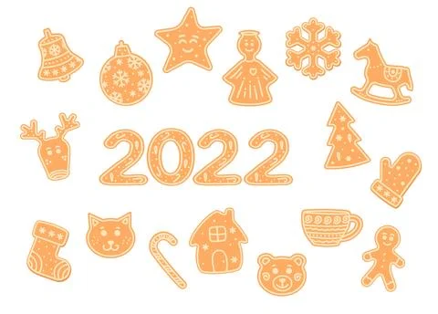 Gingerbread Set. Spice cake. 2022 year. Flat, vector Stock Illustration