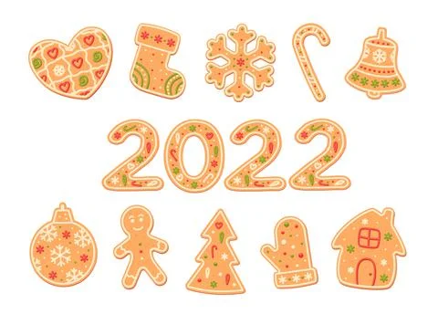 Gingerbread Set. Spice cake. 2022 year. Flat, vector Illustrazione stock