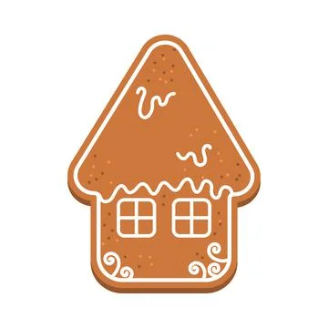 Gingerbread in the shape of a house with Windows and white glaze. Christmas Stock Illustration