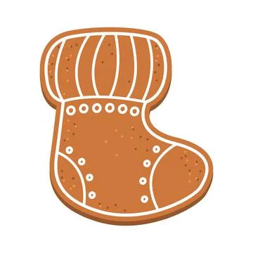 Gingerbread in the shape of a sock and with a white glaze. Christmas Stock Illustration