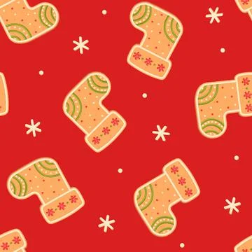 Gingerbread. Stocking. Christmas red seamless pattern. Flat, cartoon, vector Stock Illustration