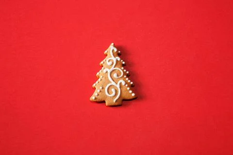 Gingerbread tree on a red background. The basis for the design of the poster  Stock Photos