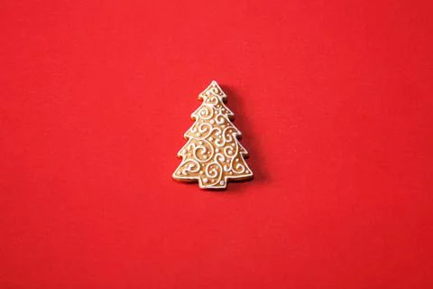 Gingerbread tree on a red background. The basis for the design of the poster  Stock Photos
