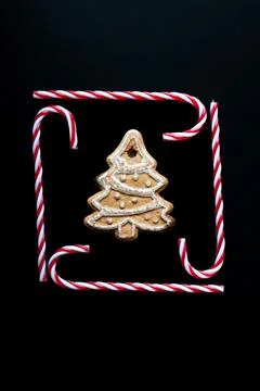 A gingerbread tree sits on top of two red and white candy cane sticks. Chri.. Stock Photos