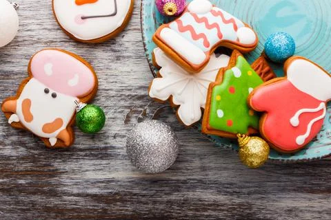 Gingerbreads with different decorations from confectionery mastic Stock Photos