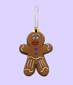 Gingerman cookie Christmas tree toy on violet background. Creative collage. Foto stock