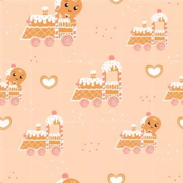 Gingerman seamless pattern with cookie locomotive on light yellow background, Stock Illustration