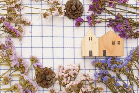 Gingham background concept, Model house and pine cones with statice flower on Foto stock