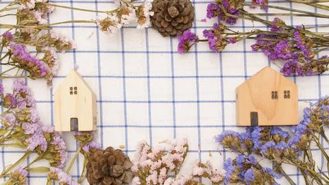 Gingham background concept, Model house and pine cones with statice flower on Stock Photos