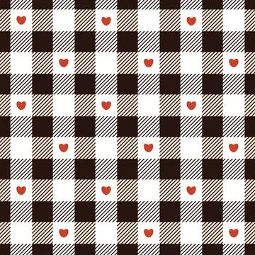 Gingham check plaid pattern with hearts in black, red, red, white. Seamless.. Stock Illustration