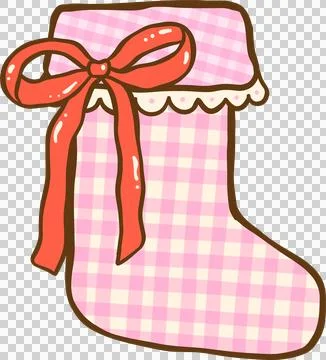 Gingham Christmas Pink Stocking with Red Bow Illustration Hand Drawn, Coque.. Stock Illustration