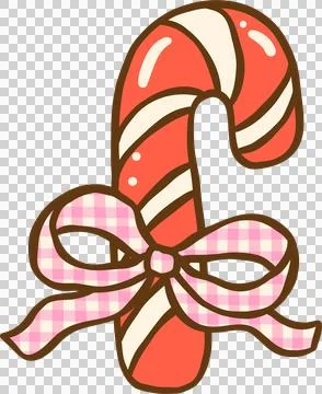 Gingham Christmas Red Candy Cane with Plaid Pink Bow Hand Drawn, Coquette P.. Stock Illustration