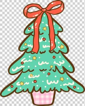 Gingham Christmas Tree with Red Bows Hand Drawn, Coquette Preppy Christmas Stock Illustration