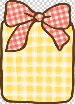 Gingham Christmas Yellow Checkered Gift Box with Red Bow Hand Drawn, Coquet.. Illustrazione stock