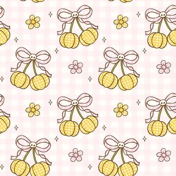Gingham Coquette Halloween Seamless Pattern Spooky Pumpkins Cherries with R.. Stock Illustration