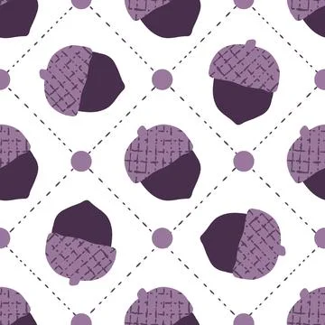Gingham Geometric Purple Fall Acorns and Polka Dots Seamless Pattern Background Illustrazione stock