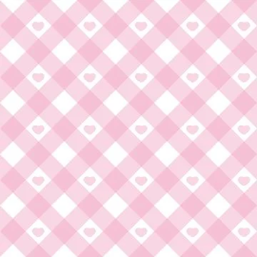 Gingham heart diagonal seamless pattern in pink pastel color. Vichy plaid design Stock Illustration