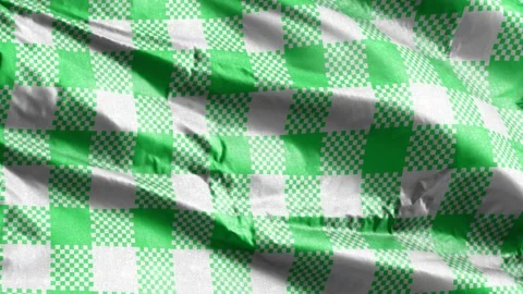 Gingham pattern textile fabric slow waving on the wind background. Green whit Video stock 197308261