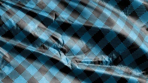 Gingham pattern textile fabric slow waving on the wind background. Blue black Video stock 197308924