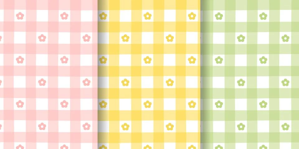 Gingham seamless pattern set with daisy flowers. Spring yellow, pink and gr.. Stock Illustration