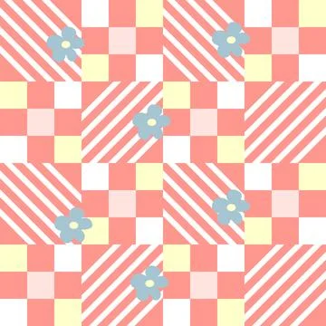 Gingham seamless vector pattern with meadow chamomile flowers and hearts. Coz Stockillustratie