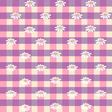 Gingham seamless vector pattern with meadow chamomile flowers and hearts. T.. Stock Illustration