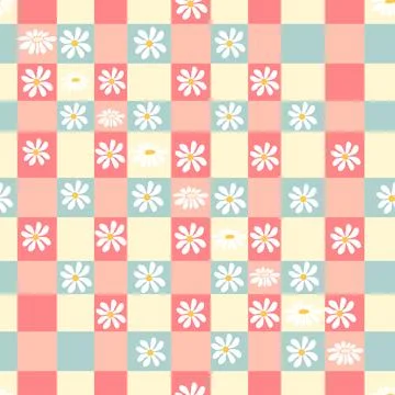 Gingham seamless vector pattern with meadow chamomile flowers and hearts. T.. イラスト素材