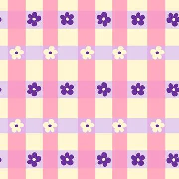 Gingham seamless vector pattern with meadow chamomile flowers and hearts. Coz Stock Illustration