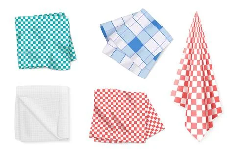 Gingham tablecloths and kitchen towels set, 3D realistic folded table cloth Stock Illustration