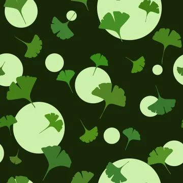 Ginkgo Seamless Pattern on dark background with cute circles Stockillustratie