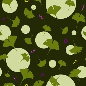 Ginkgo Seamless Pattern on dark background with cute circles and cartoon ligh Stock Illustration