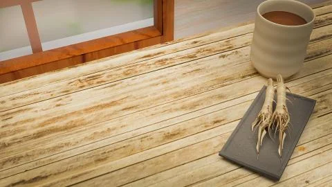 Ginseng 3d rendering in black plate on bamboo table  for medical content. Stock Illustration