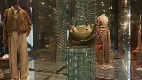 Giorgio Armani SS26 display featuring a luxury handbag and chic neutral outfits Stock Footage 330033552