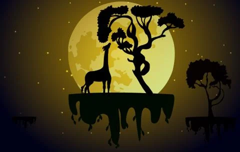 Giraffe against the backdrop of a large moon reaches for the foliage. Stock Illustration