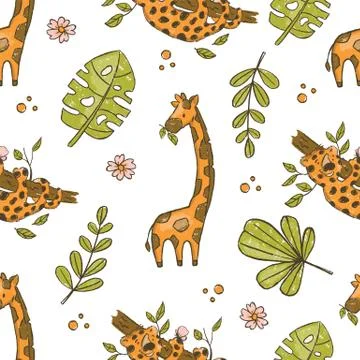 GIRAFFE AND LEOPARD Hand Drawn Grunge Seamless Pattern Illustrazione stock