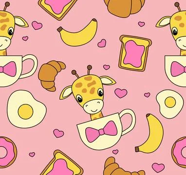 Giraffe breakfast seamless pattern. Repeating design element for printing on Stock Illustration