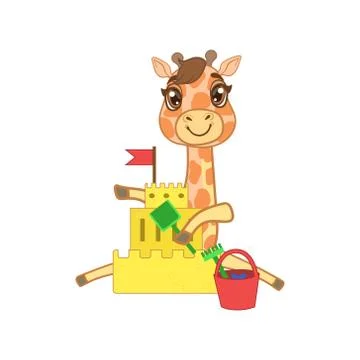 Giraffe Building A Sand Castle Ilustração Stock