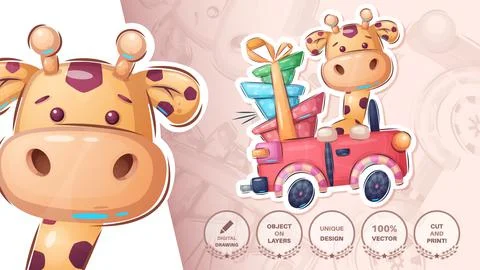 Giraffe in the car - cte sticker Stock Illustration