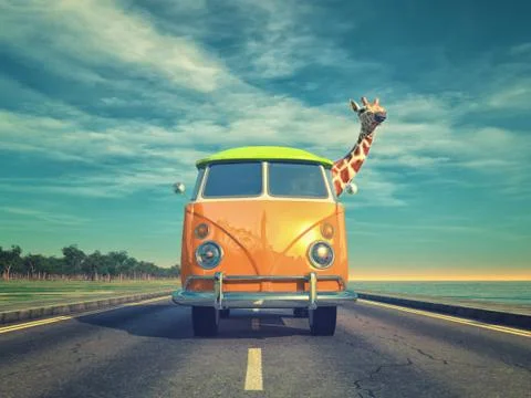 Giraffe by car on highway Stock Illustration